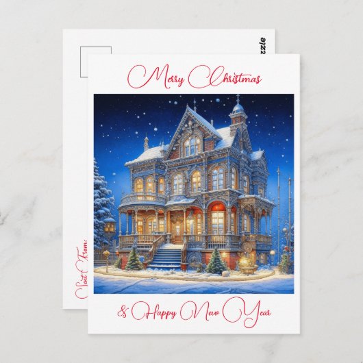 Gepersonaliseerd besneeuwd kersthuis briefkaart (Voorkant / Achterkant)