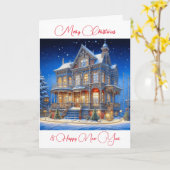 Gepersonaliseerd besneeuwd kersthuis kaart (Gele Bloem)