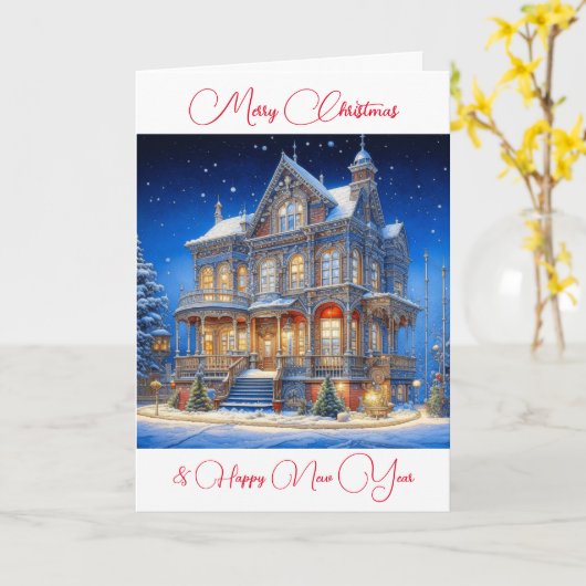 Gepersonaliseerd besneeuwd kersthuis kaart (Gele Bloem)