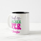Gepersonaliseerd beste leraar ooit roze groen scri tweekleurige koffiemok (Voorkant links)
