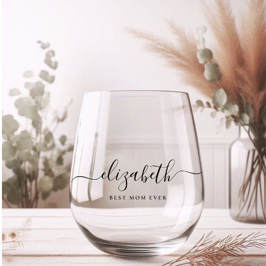 Gepersonaliseerd Beste Mam Ooit Script Monogram Wijnglas Zonder Voet