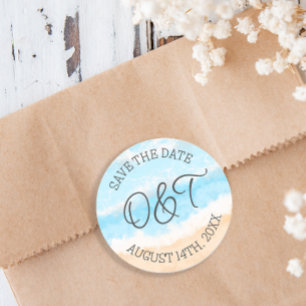 Gepersonaliseerd Bewaar de datum Kustbruiloft Ronde Sticker
