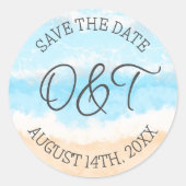 Gepersonaliseerd Bewaar de datum Kustbruiloft Ronde Sticker (Voorkant)