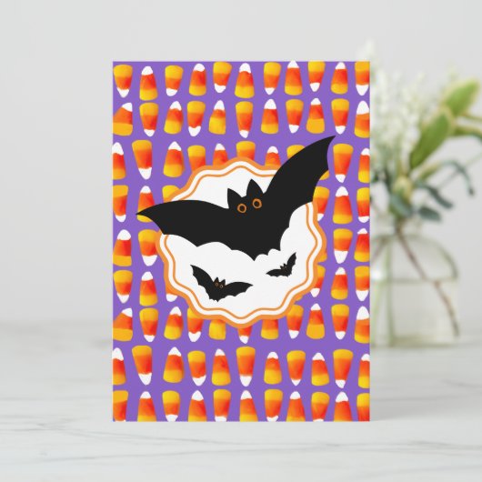 Gepersonaliseerd Black Bat Candy Corn Halloween Kaart (Staand voorkant)