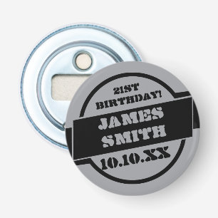 Gepersonaliseerd Black Birthday Afstuderen Button Flesopener