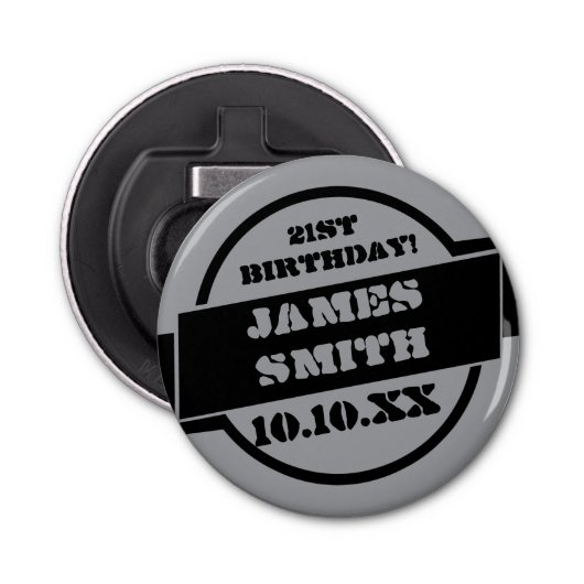 Gepersonaliseerd Black Birthday Afstuderen Button Flesopener (Voorkant)
