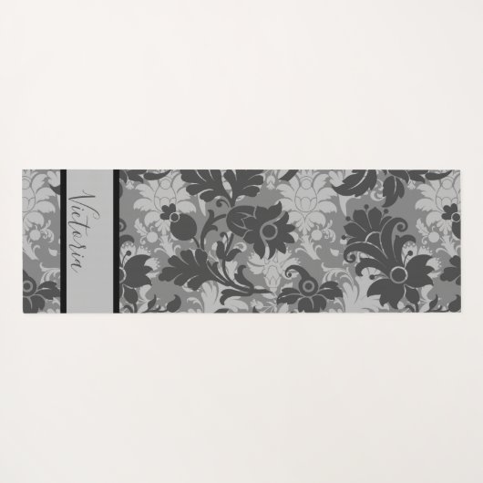 Gepersonaliseerd Black Grey Floral Damask Name Yogamat (Achterkant (horizontaal))