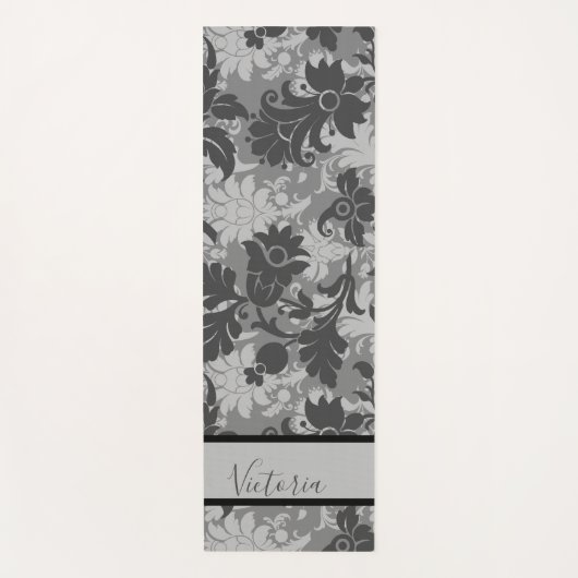 Gepersonaliseerd Black Grey Floral Damask Name Yogamat (Voorkant)