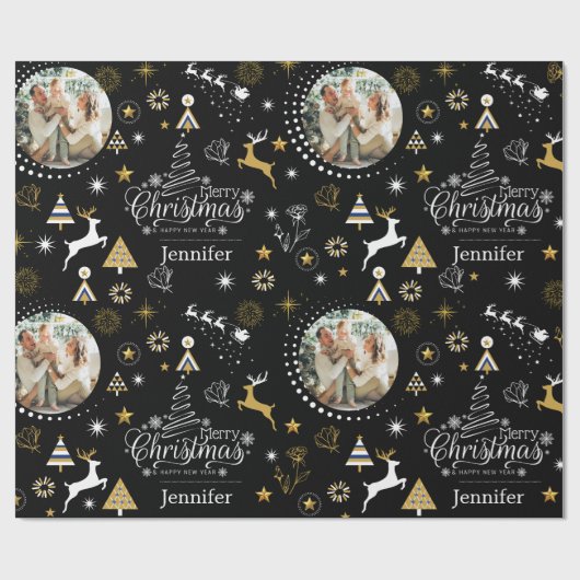 Gepersonaliseerd Black Merry kerstcadeau Cadeaupapier (Vlak)