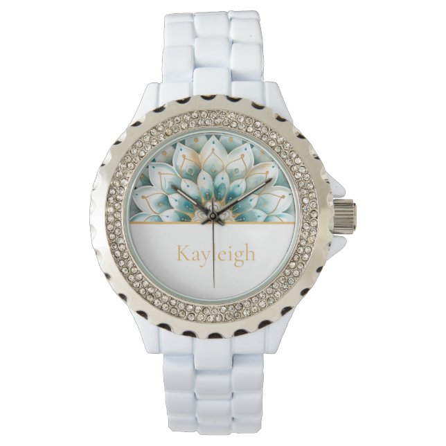 Gepersonaliseerd blauw Blauwgroen goud bloemenhorl Horloge (Voorkant)
