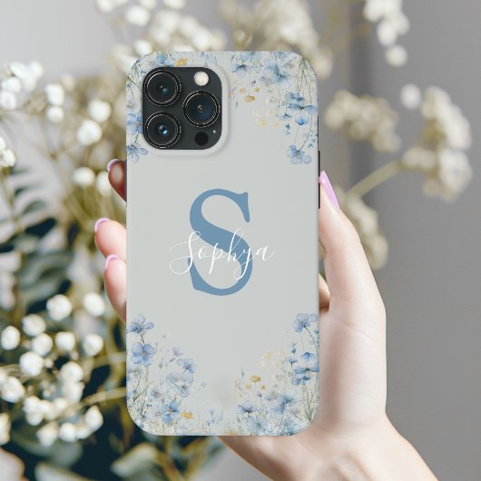 Gepersonaliseerd Blauw Bloem Monogram Case-Mate iPhone Case