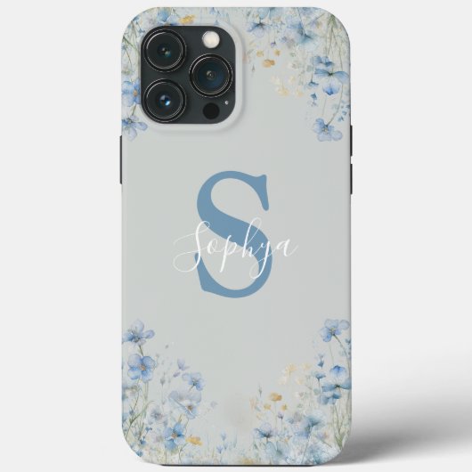 Gepersonaliseerd Blauw Bloem Monogram Case-Mate iPhone Case (Achterkant)