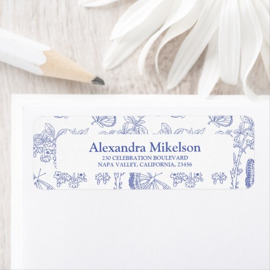 Gepersonaliseerd blauw Chinoiserie Floral Vrijgeze Etiket (Insitu)