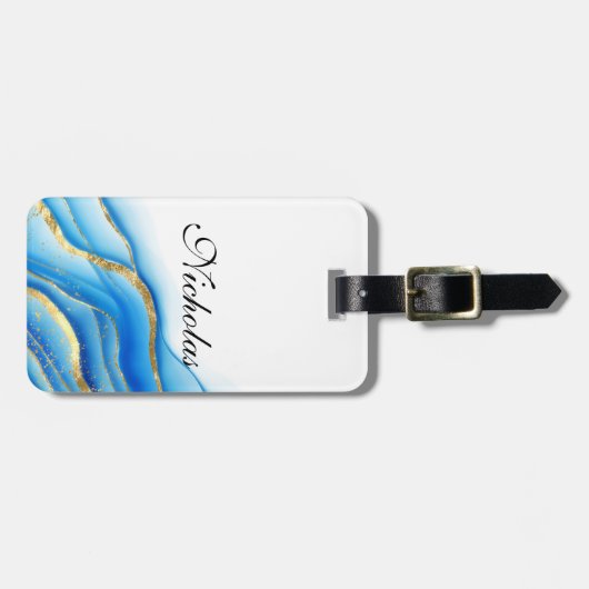 Gepersonaliseerd blauw en goudbagagelabel bagagelabel (Voorkant horizontaal)