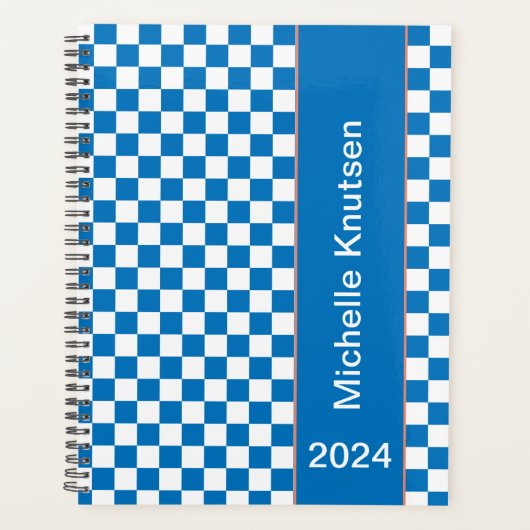 Gepersonaliseerd blauw en wit Geruit 2024 Planner (Voorkant)
