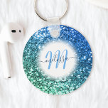 Gepersonaliseerd Blauw Glitter Mermaid Monogram Na Sleutelhanger<br><div class="desc">U kunt deze prachtige,  dunne,  blauwe,  faux glitter sleutelhanger eenvoudig personaliseren met uw aangepaste handgeschreven script monogram en naam.</div>