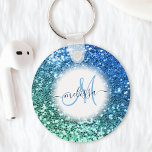 Gepersonaliseerd Blauw Glitter Mermaid Monogram Na Sleutelhanger<br><div class="desc">U kunt deze prachtige,  dunne,  blauwe,  faux glitter sleutelhanger eenvoudig personaliseren met uw aangepaste handgeschreven script monogram en naam.</div>