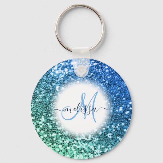 Gepersonaliseerd Blauw Glitter Mermaid Monogram Na Sleutelhanger (Achterkant)