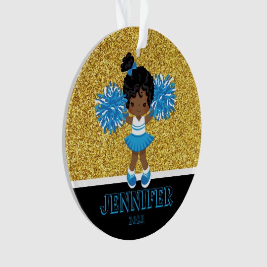 Gepersonaliseerd blauw & goud Cheerleading Ornamen Ornament (voorkant)