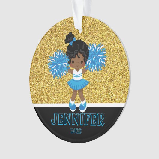 Gepersonaliseerd blauw & goud Cheerleading Ornamen Ornament (voorkant)