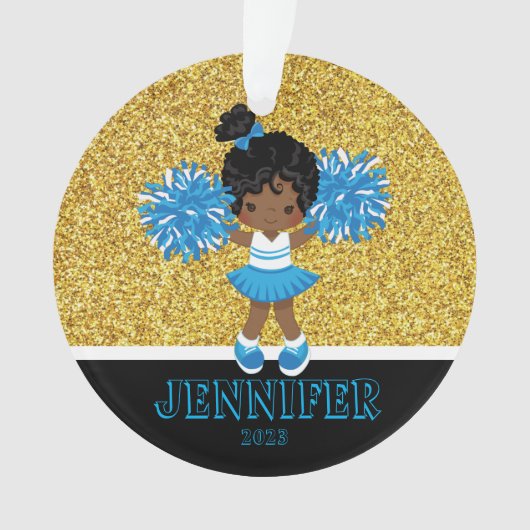 Gepersonaliseerd blauw & goud Cheerleading Ornamen Ornament (voorkant)