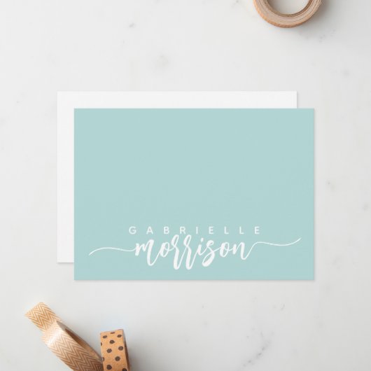 Gepersonaliseerd blauw groen script Naam Flat Note Notitiekaartje (Voorkant / Achterkant in situ)
