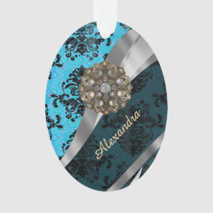 Gepersonaliseerd blauw meisjesdamast patroon ornament