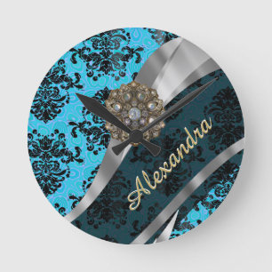 Gepersonaliseerd blauw meisjesdamast patroon ronde klok