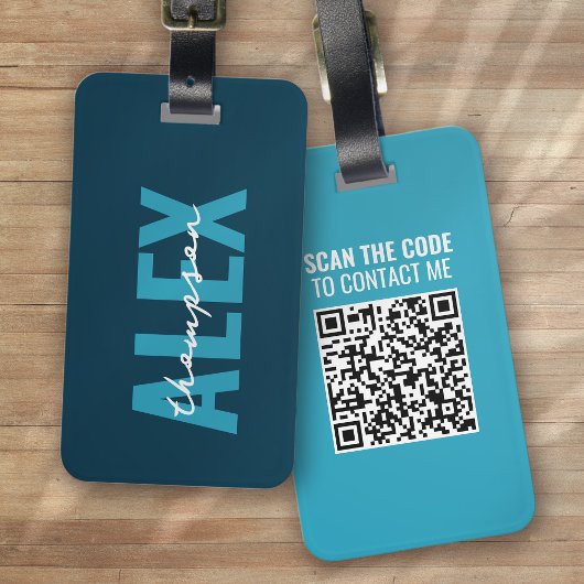 Gepersonaliseerd Blauw Monogram QR Code Bagagelabel