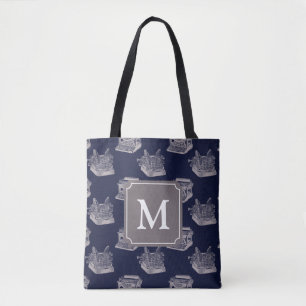 Gepersonaliseerd blauw  monogram schrijfmachine tote bag