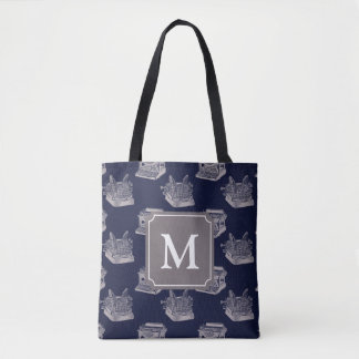 Gepersonaliseerd blauw monogram schrijfmachine tote bag