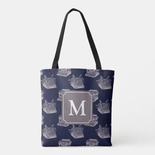 Gepersonaliseerd blauw  monogram schrijfmachine tote bag (Achterkant)