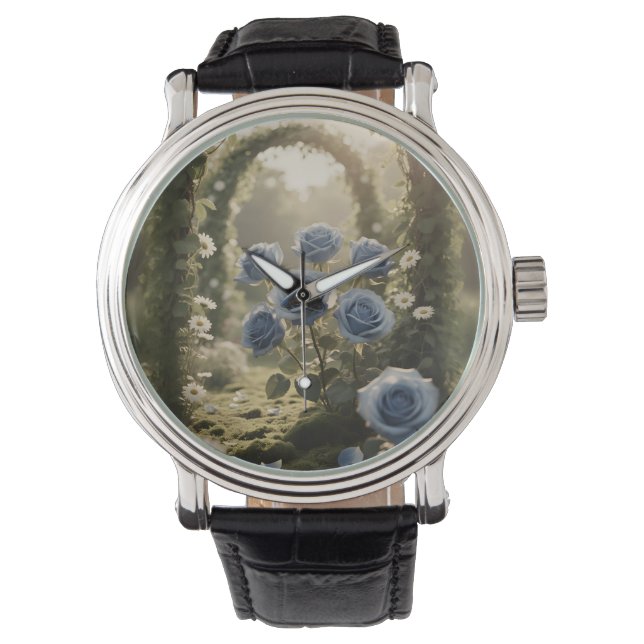 Gepersonaliseerd blauw Roos Elegant Romantisch Cad Horloge (Voorkant)