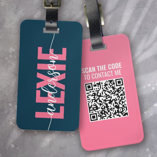 Gepersonaliseerd Blauw Roze Monogram QR Code Bagagelabel