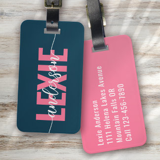 Gepersonaliseerd Blauw Roze Monogram Script Bagagelabel