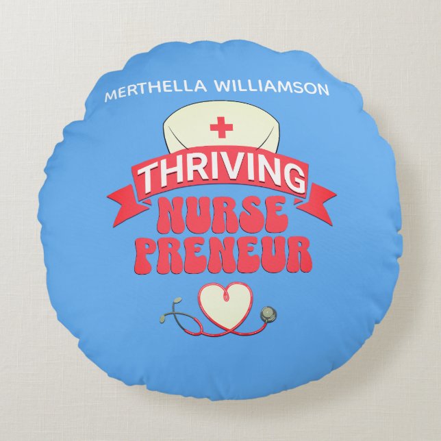 Gepersonaliseerd Blauw Verpleegkundige Ondernemer Rond Kussen (Voorkant)