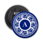 Gepersonaliseerd Blauw Wit Chinoiserie Chic Monogr Button Flesopener (Voorkant)