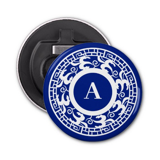 Gepersonaliseerd Blauw Wit Chinoiserie Chic Monogr Button Flesopener (Voorkant)
