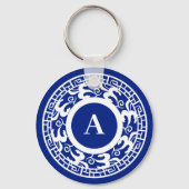Gepersonaliseerd Blauw Wit Chinoiserie Chic Monogr Sleutelhanger (Voorkant)