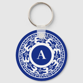 Gepersonaliseerd Blauw Wit Chinoiserie Chic Monogr Sleutelhanger