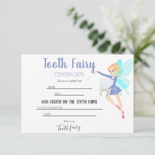 Gepersonaliseerd Blauwe Tand Fairy Certificaat Bedankkaart (Staand voorkant)