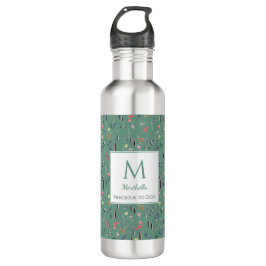 Gepersonaliseerd Blauwgroen groen Floral Monogram Waterfles