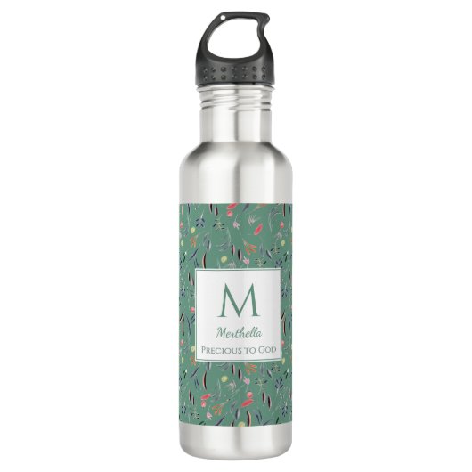 Gepersonaliseerd Blauwgroen groen Floral Monogram Waterfles (Voorkant)