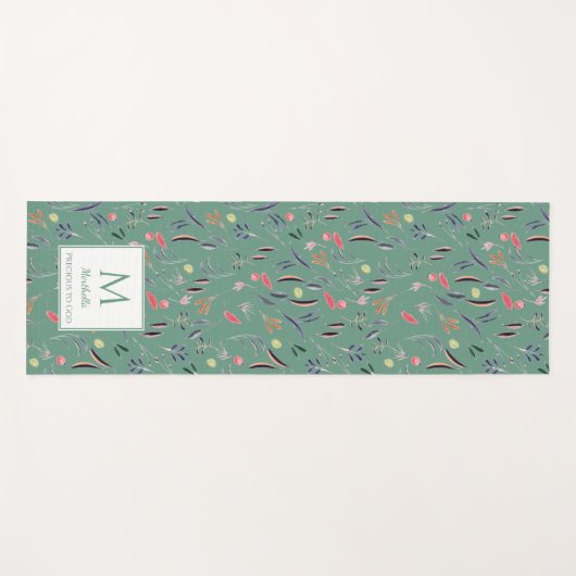 Gepersonaliseerd Blauwgroen groen Floral Monogram Yogamat (Voorkant (horizontaal))