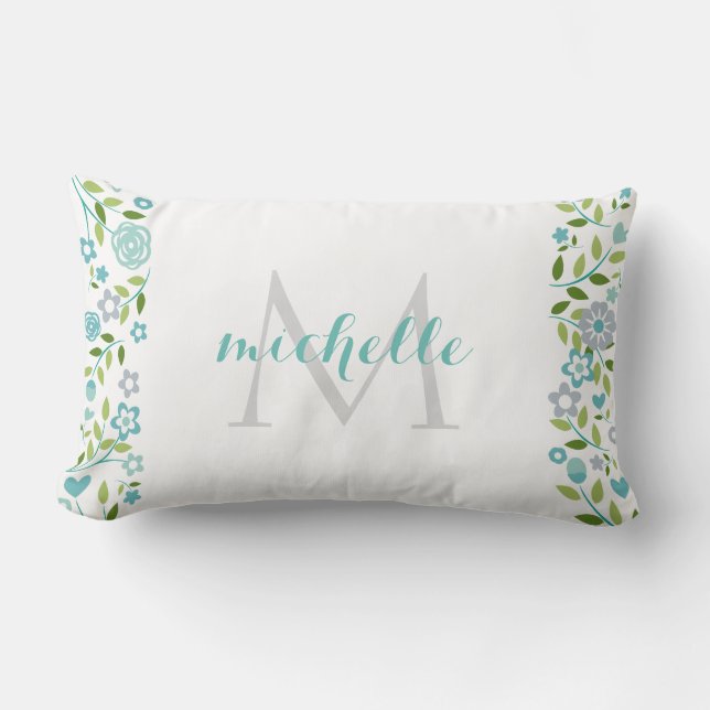 Gepersonaliseerd Blauwgroen Mint Floral Monogram P Kussen (Voorkant)