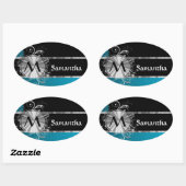 Gepersonaliseerd blauwgroen zwart en zilver monogr ovale sticker (Vel)
