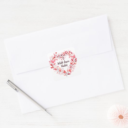 Gepersonaliseerd bloemenhart vierkante sticker (Envelop)