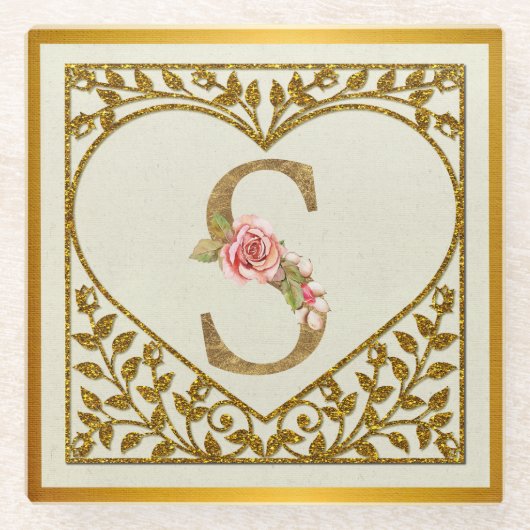 Gepersonaliseerd bloemenmonogram, van A tot Z Glazen Onderzetter (Voorkant)