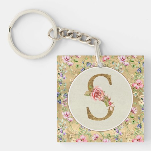 Gepersonaliseerd bloemenmonogram, van A tot Z Sleutelhanger (voorkant)