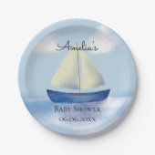 Gepersonaliseerd Blue Sailboat Baby shower Papieren Bordje (Voorkant)